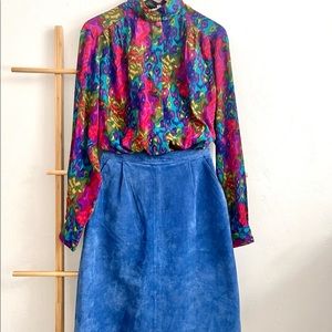 Vintage Watercolor Abstract Animal Print Colorful Jewel Anthro Style Blouse Top